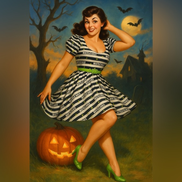 Unique Vintage x Beetlejuice Black & White Stripes & Bugs Halloween Dress, NWT! - Picture 9 of 16